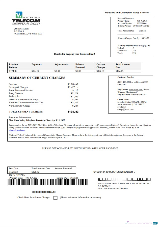 download download USA Waitsfield Telecom utility bill template in Word and PDF format PDF template PDF template